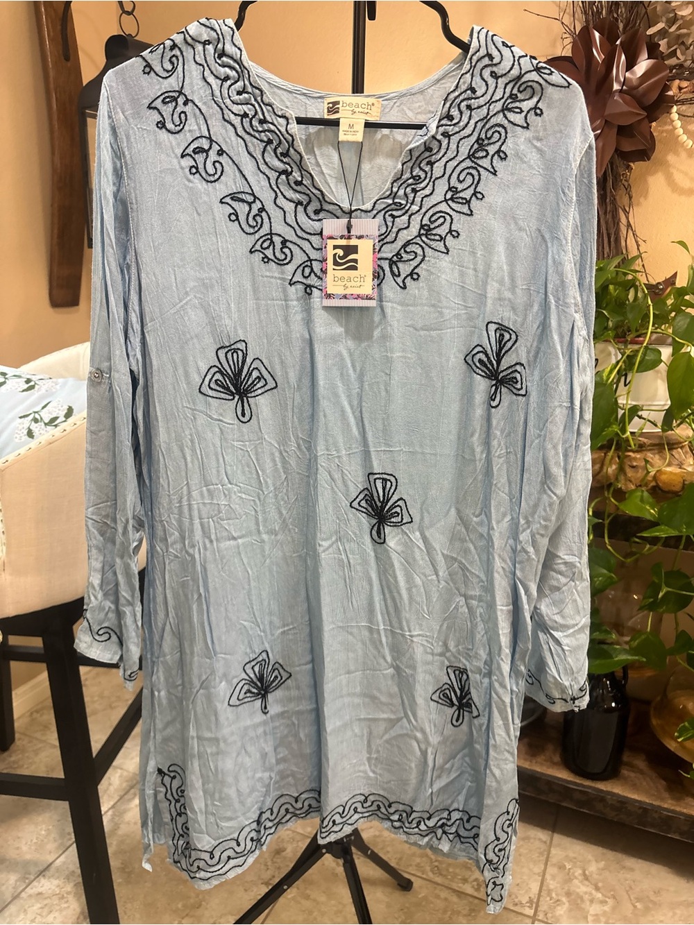 Beach By Exist Embroidered Split-Neck Swim Cover-Up Tunic - Medium